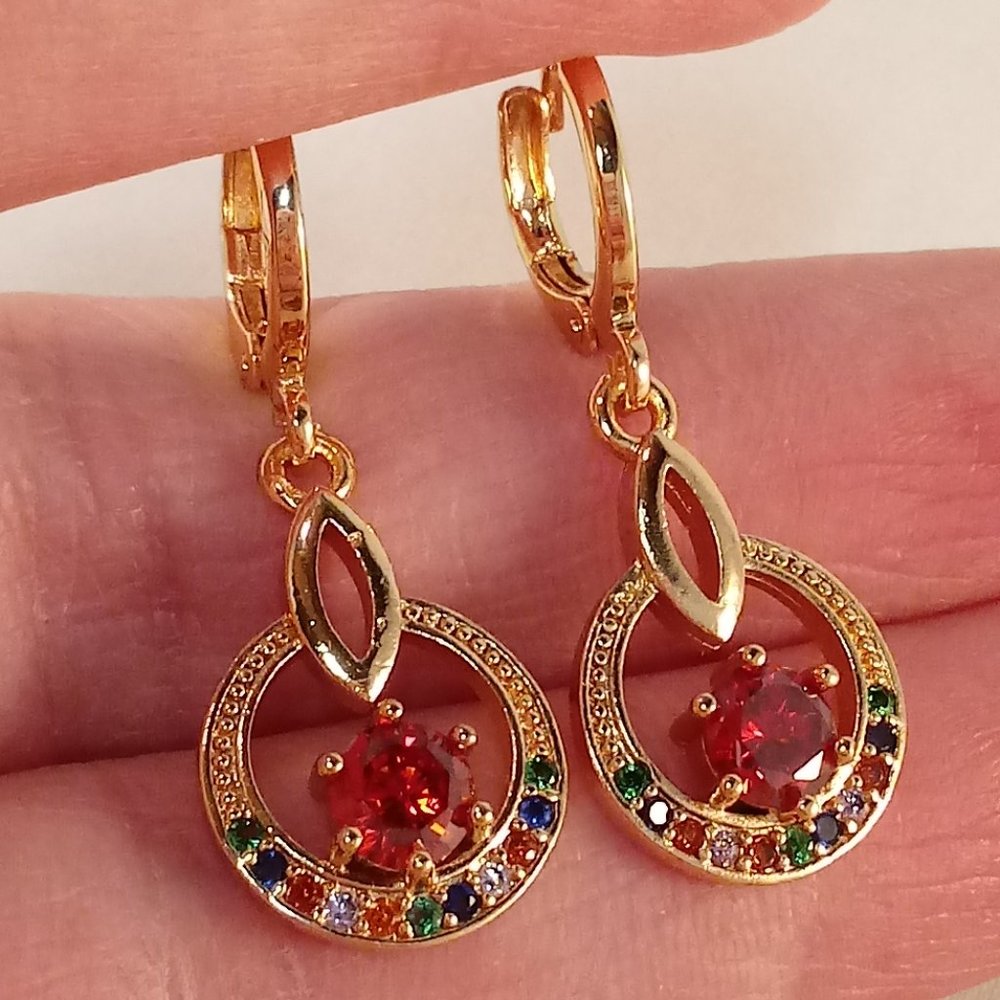 18K Yellow Gold Filled Garnet Red Diamond Zircon Circle Eye Dangle Earrings Gift